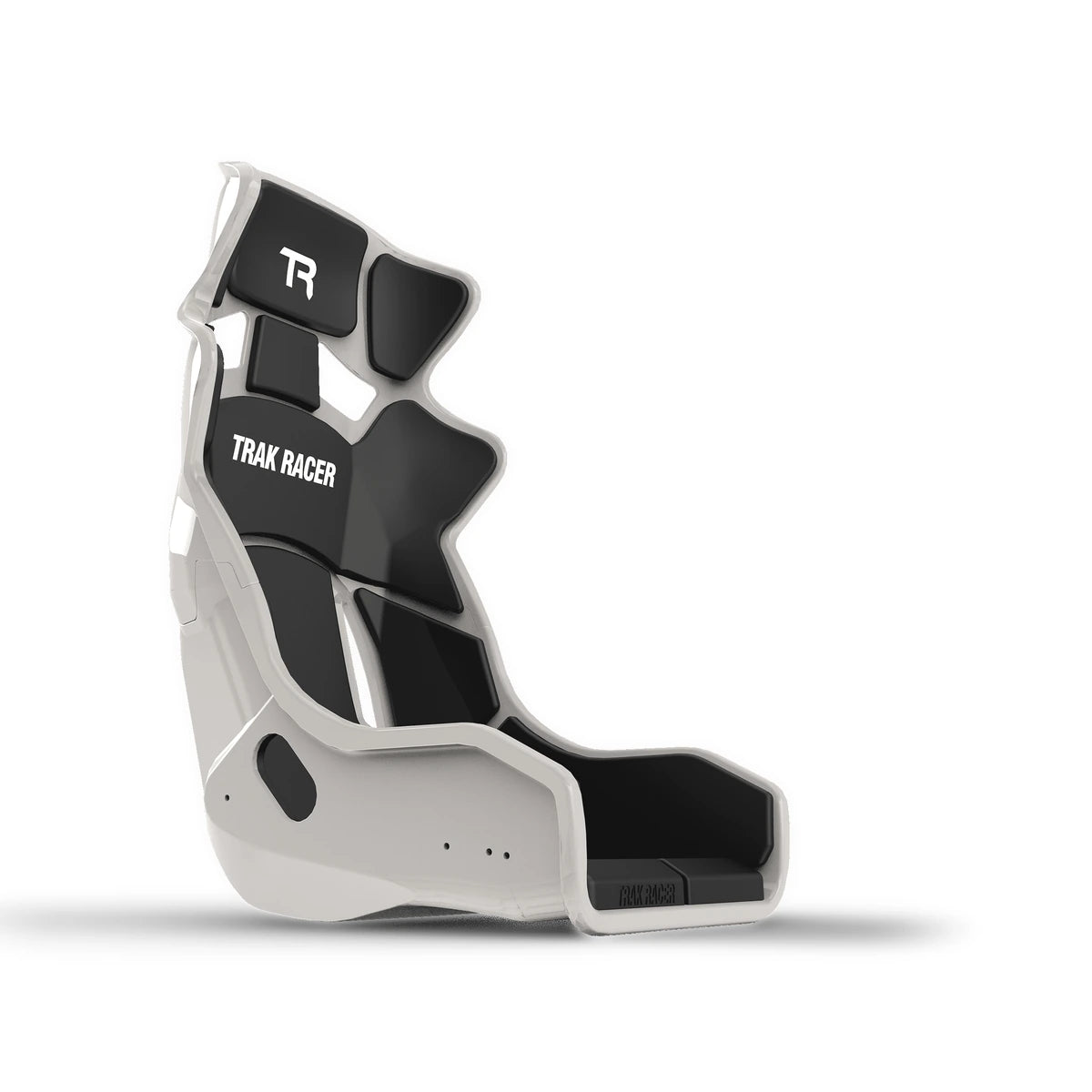 Trak Racer GT Style TR Series fibreglass seat, grey, front three-quarter view — TR badge and padded inserts