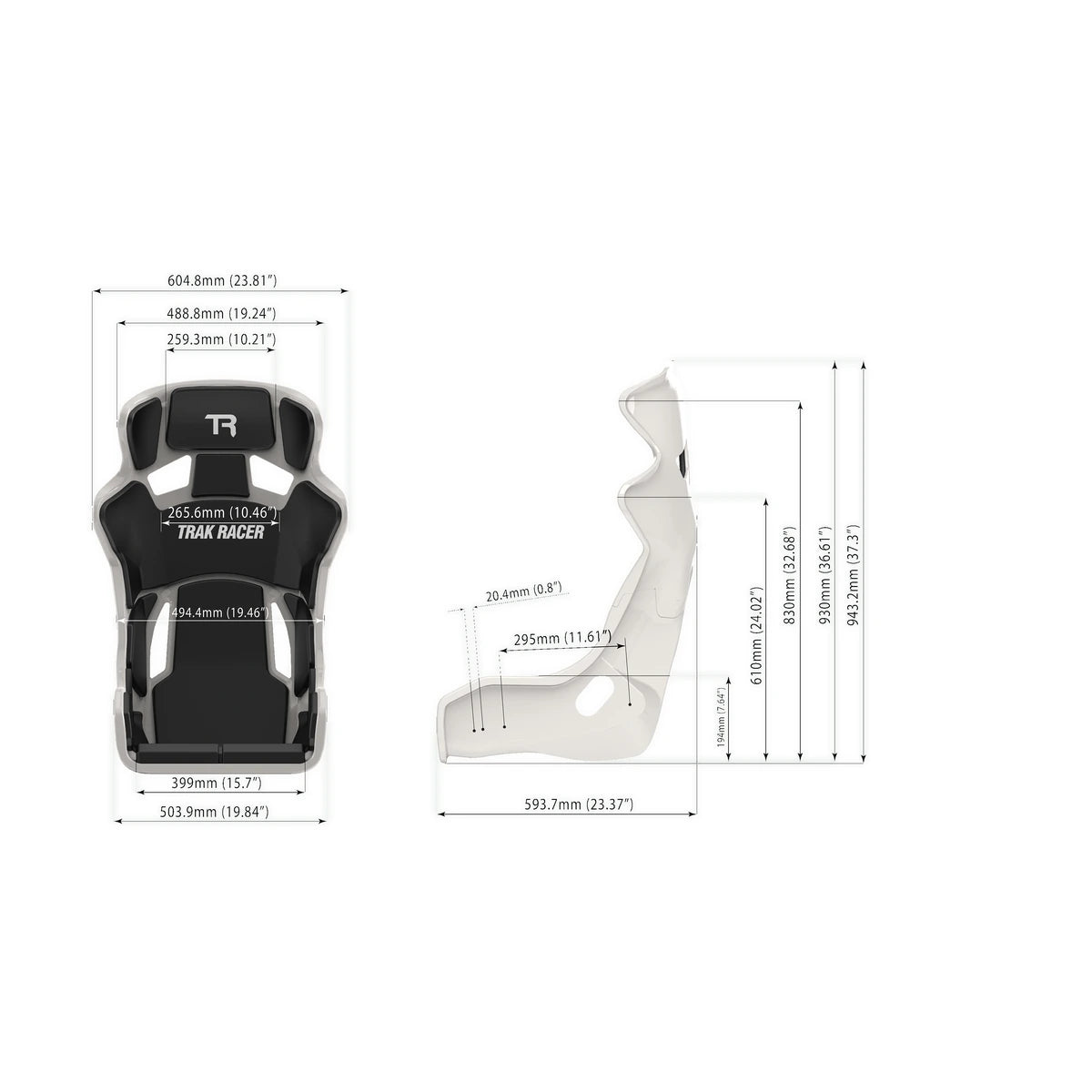 Trak Racer GT Style TR Series fibreglass seat, front and side dimension diagram
