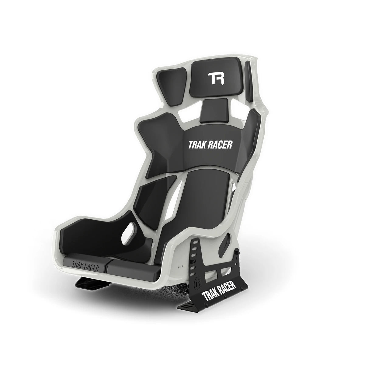 Trak Racer GT Style TR Series fibreglass seat, grey, three-quarter view with mounting side rail