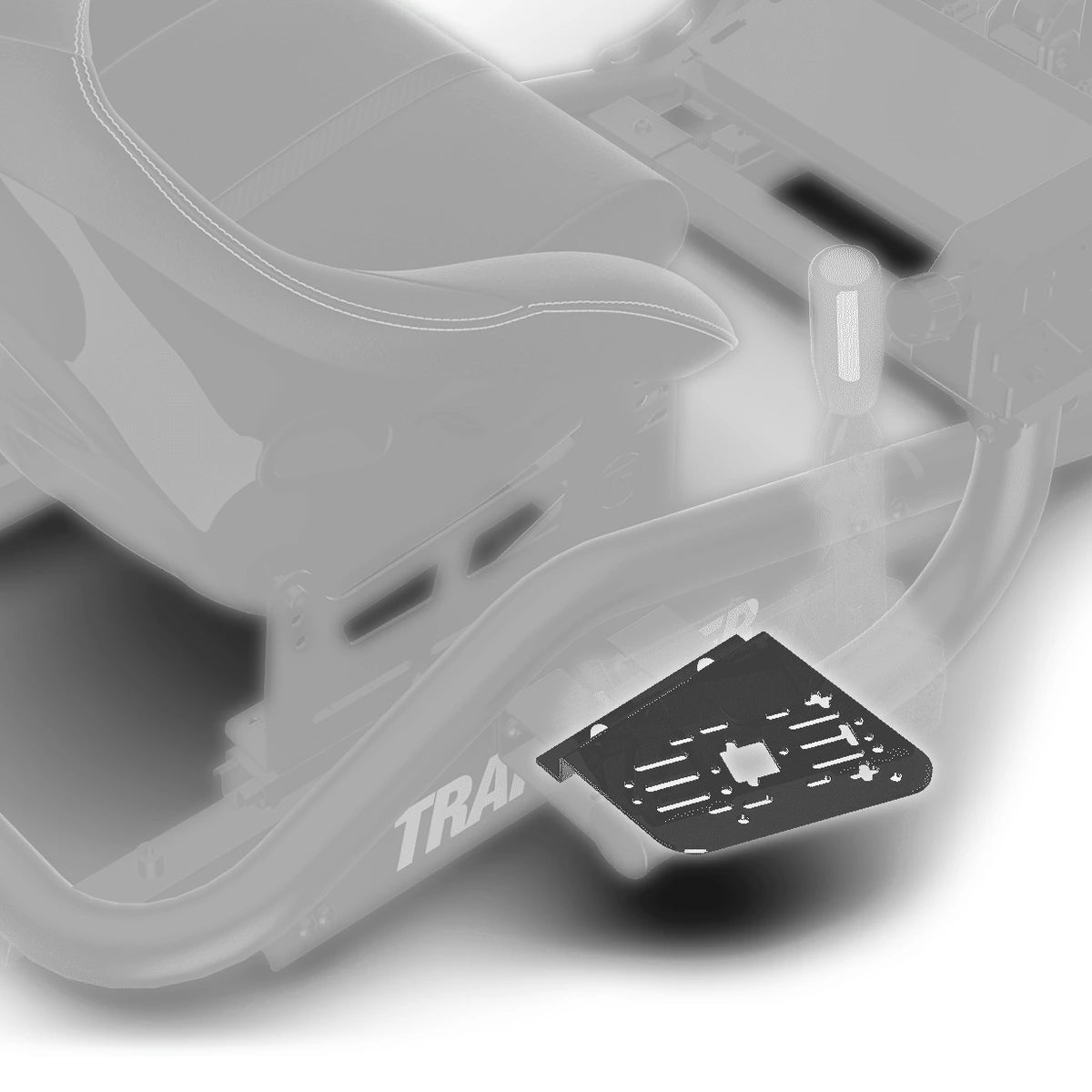 Trak Racer TR-HBMN2-L handbrake mount shown in context on a Trak Racer cockpit, left side behind seat and shifter