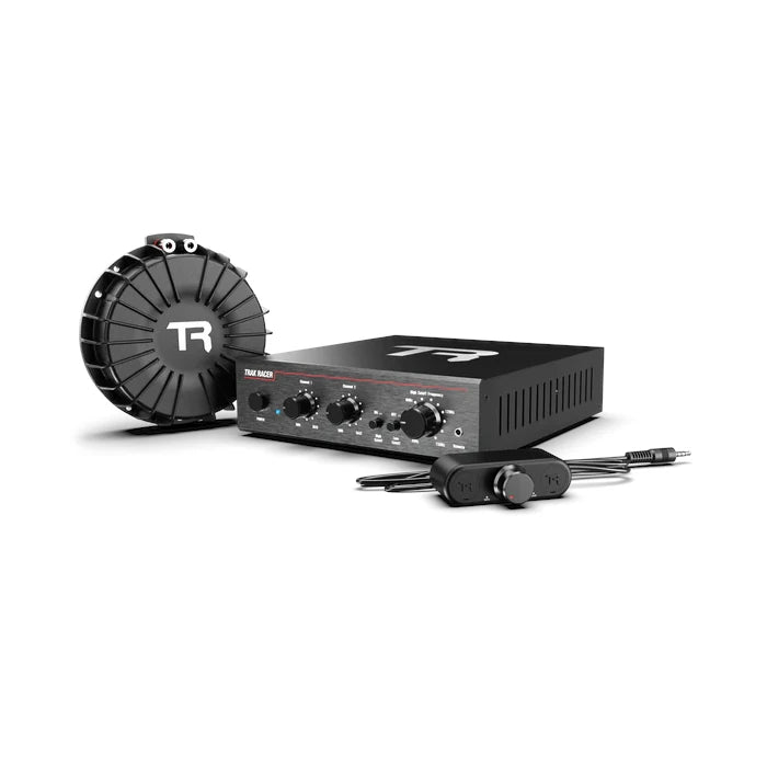Trak Racer Haptic Bass Shaker Kit, full kit laid out with the round transducer, amplifier unit and inline remote control