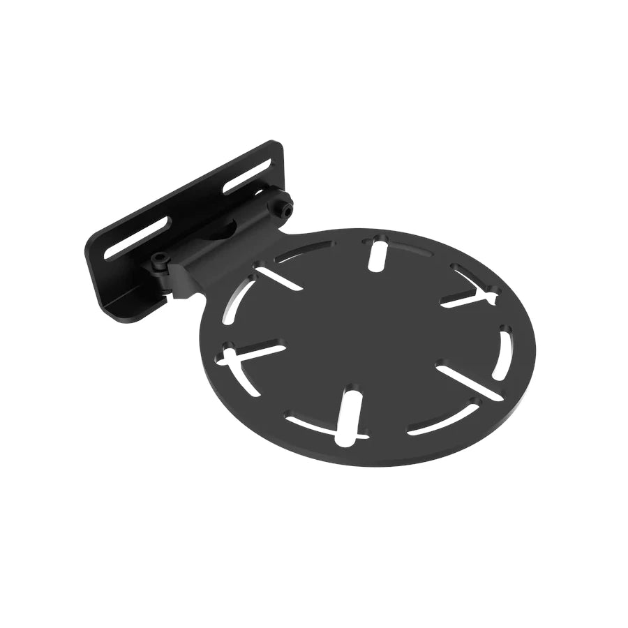 Universal Bass Shaker Mount, three-quarter view of the slotted round transducer plate hinged to a slotted backing bracket