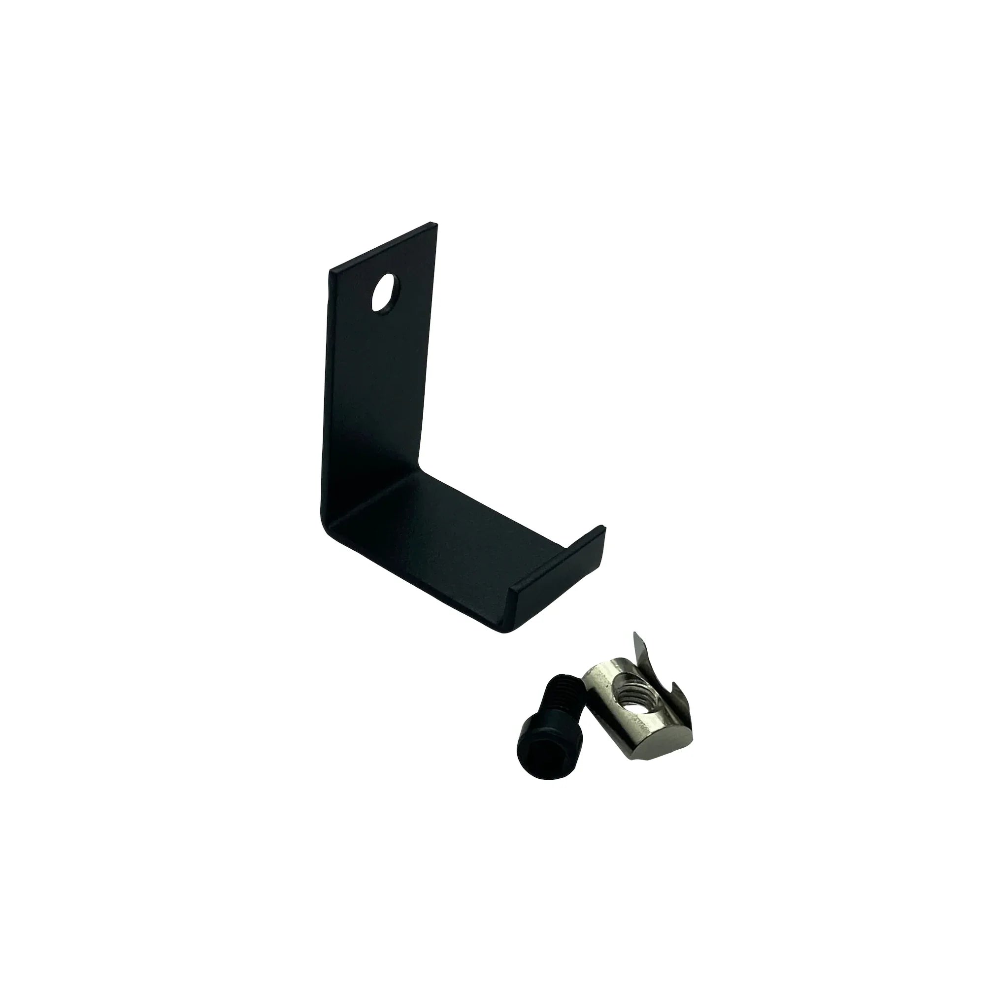 Universal Aluminium Profile Headphone Hook Holder, the L-shaped black hook with its bolt and T-nut hardware laid out