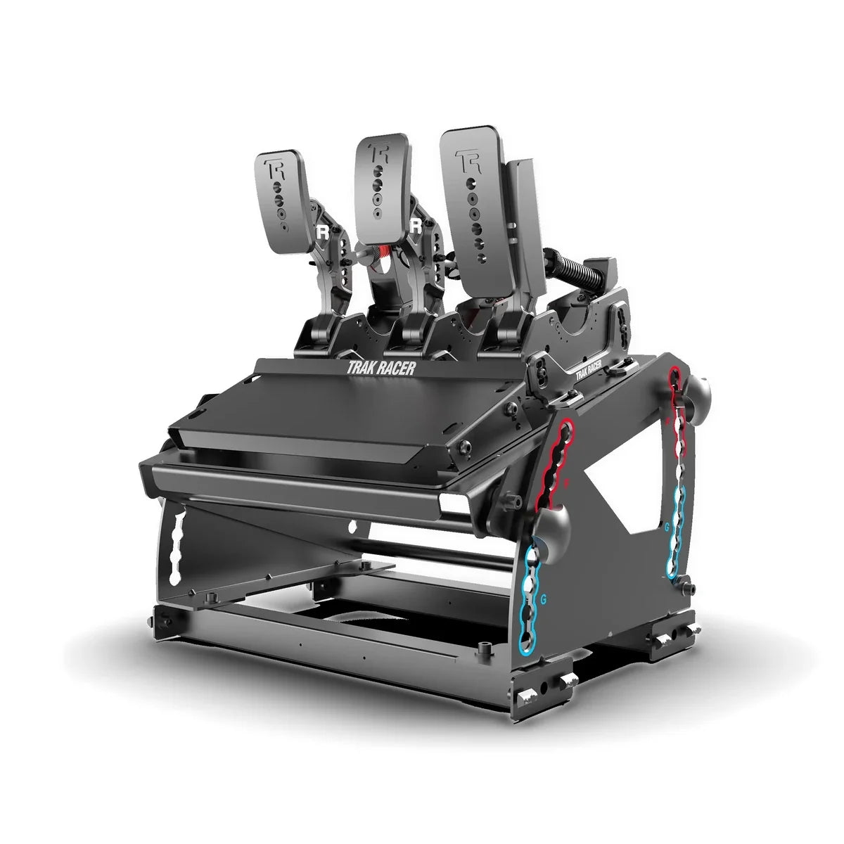Trak Racer tool-free hybrid pedal mount, rear three-quarter view at a lower pedal position