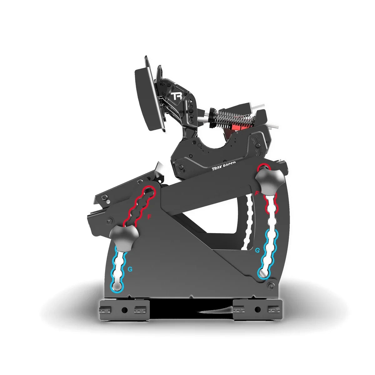 Trak Racer tool-free hybrid pedal mount, side view with the pedal plate at a lower position