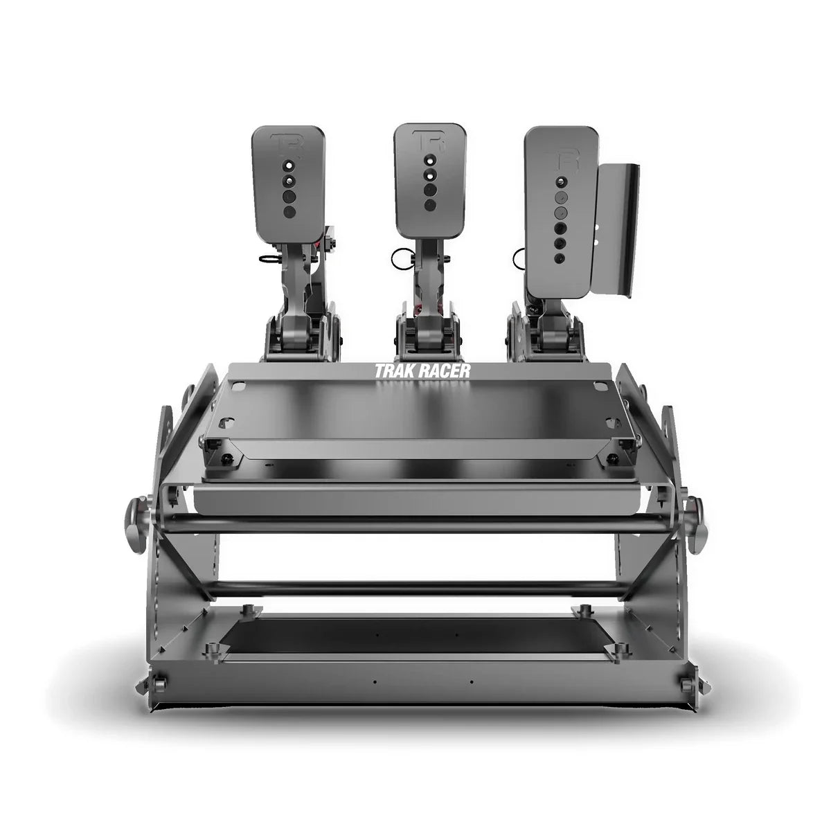 Trak Racer tool-free hybrid pedal mount, front view at a lower pedal position