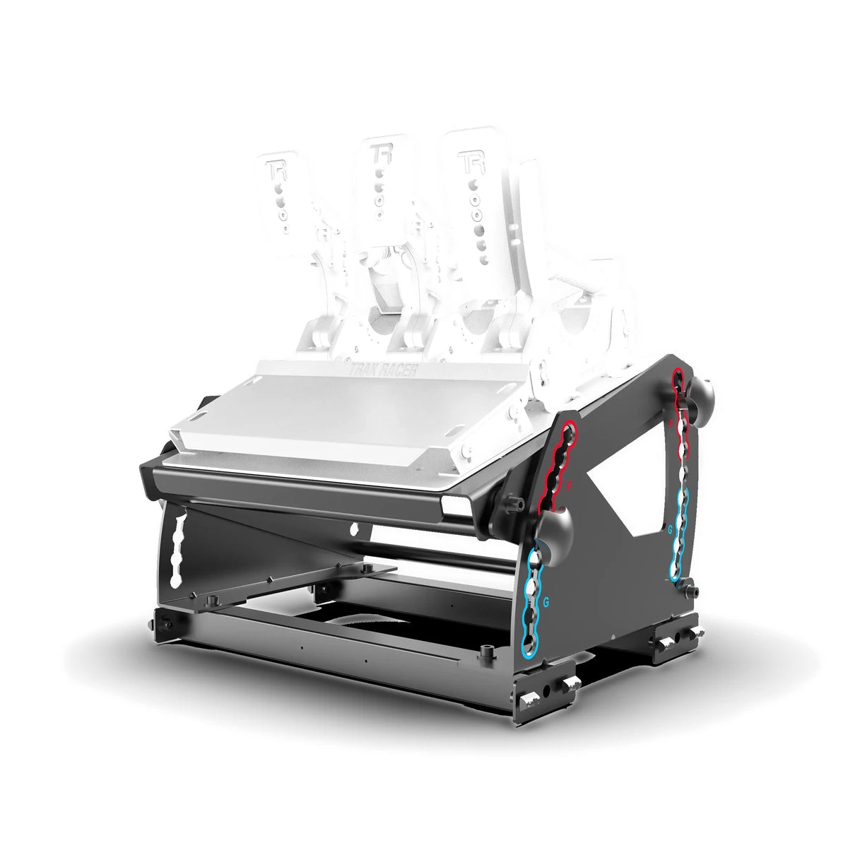 Trak Racer tool-free hybrid pedal mount, rear three-quarter view at a raised pedal position