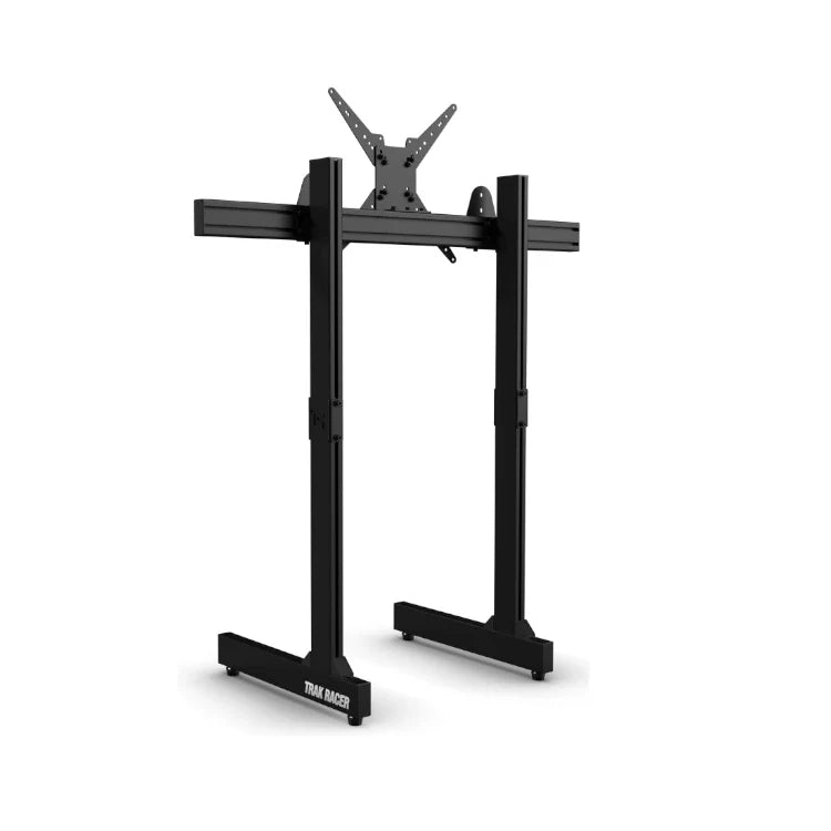 Trak Racer Large Freestanding Single Monitor Stand 1500mm, front three-quarter view with VESA bracket fitted
