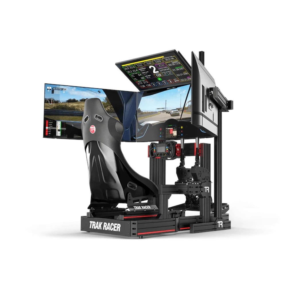 Trak Racer large freestanding quad monitor stand, rear-left angle with monitors showing simulator telemetry, rig sold separately