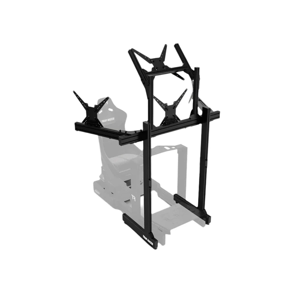 Trak Racer large freestanding quad monitor stand, rear diagram view with faded cockpit outline