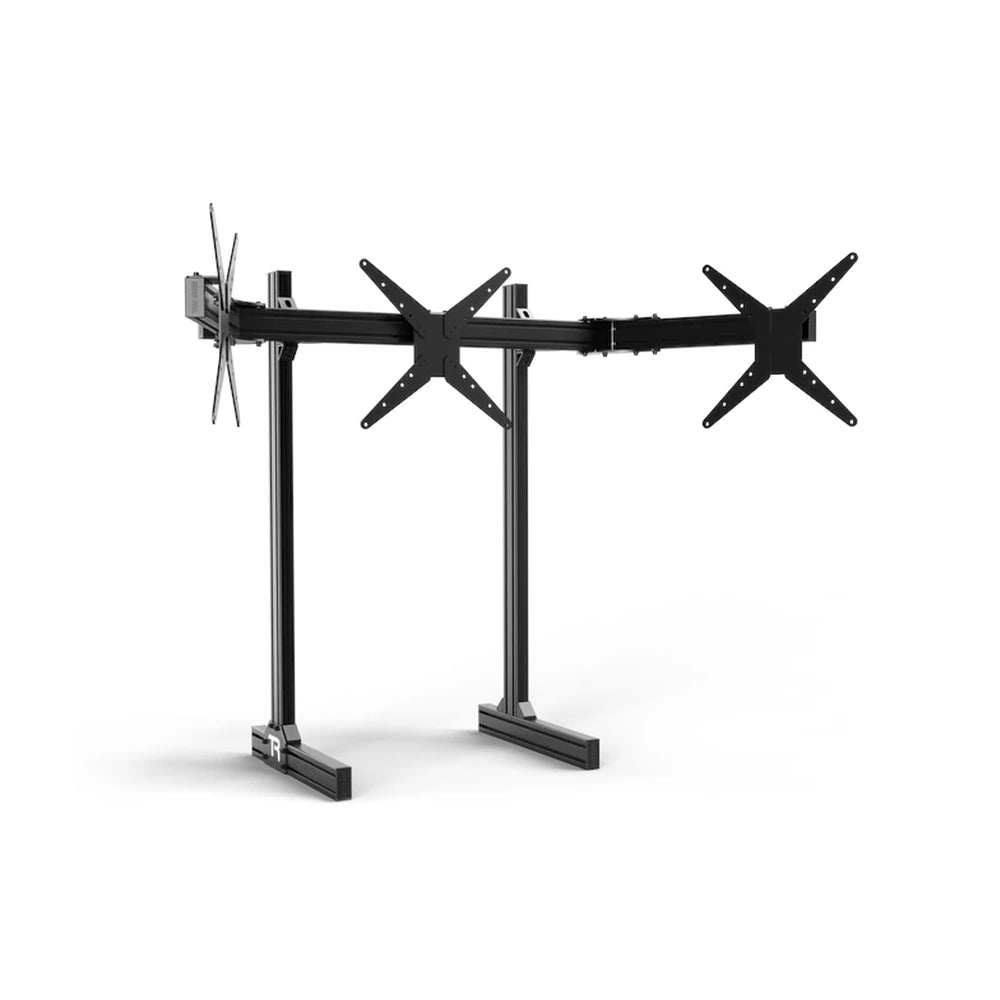 Trak Racer large freestanding triple monitor stand, angled view — dual upright frame with triple VESA mount arms