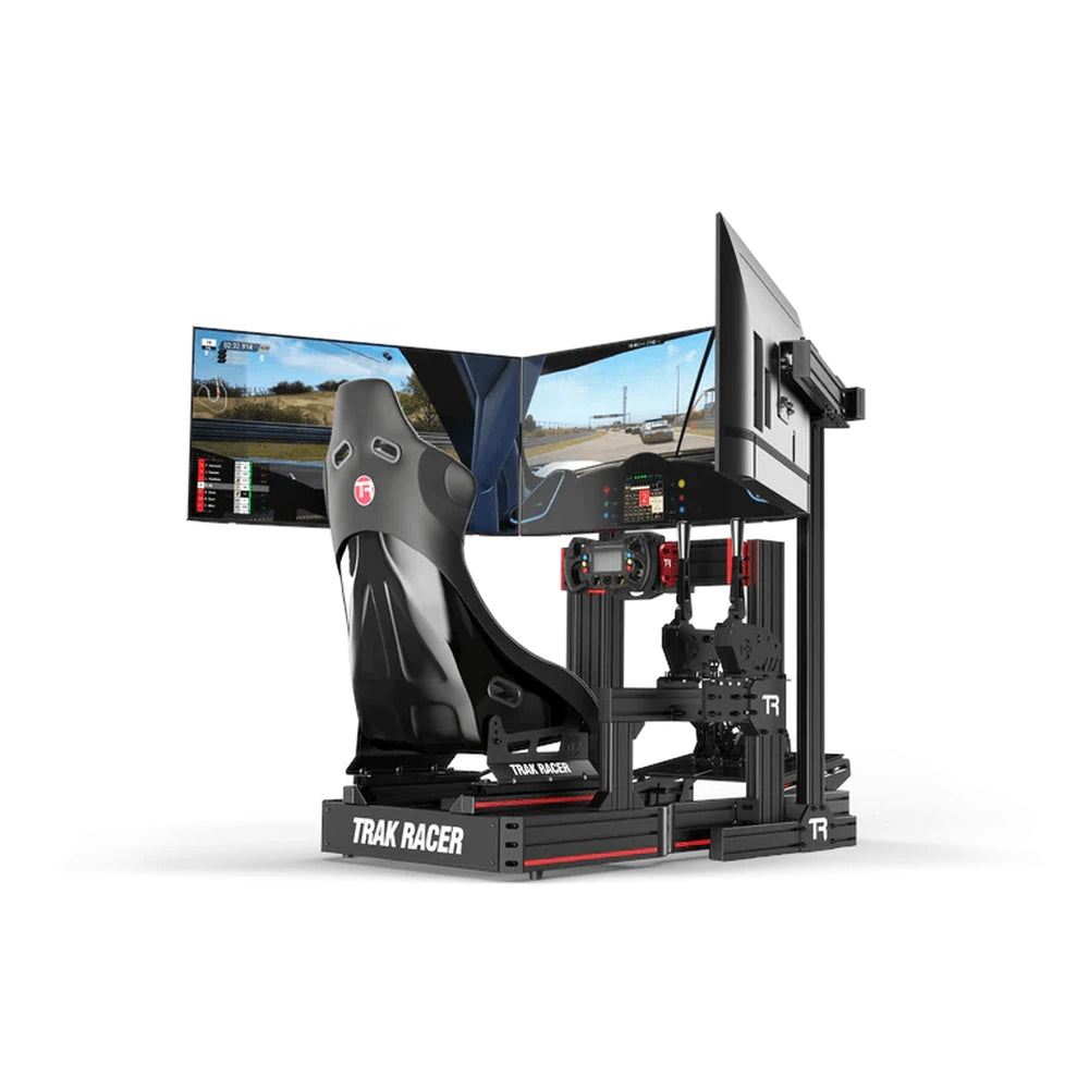 Trak Racer large freestanding triple monitor stand fitted with three monitors on a Trak Racer rig (rig and monitors sold separately)