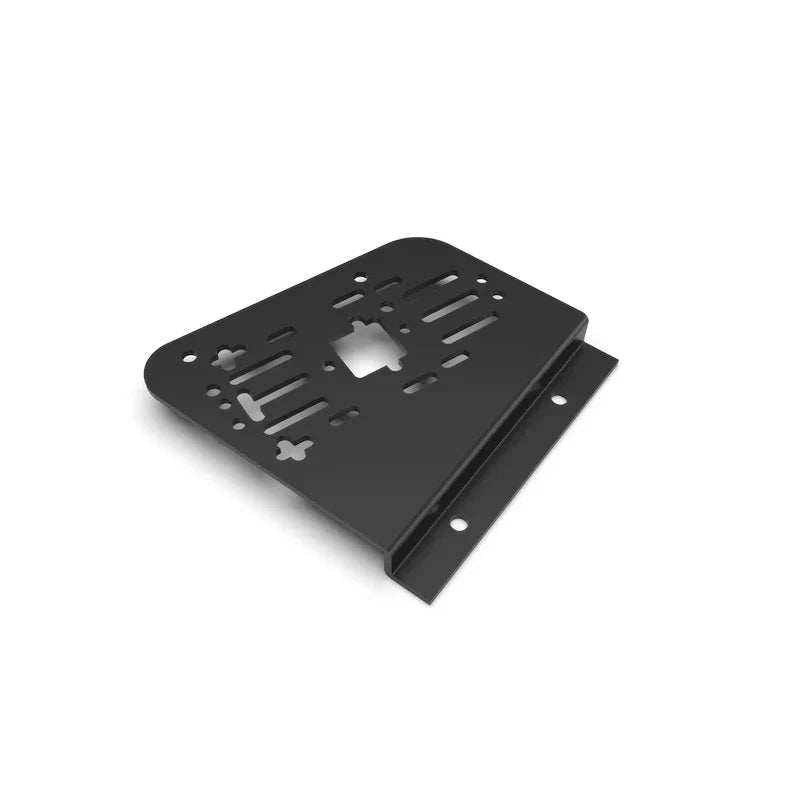 Trak Racer Handbrake Mount for left or right side fitting, single black L-shaped bracket with slotted top plate, three-quarter view