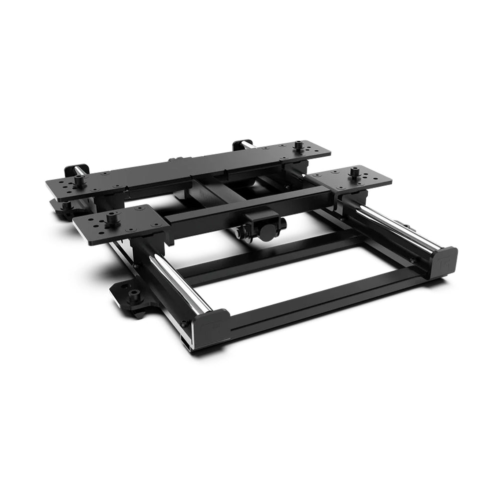 Trak Racer Motorised Seat Slider rear three-quarter view showing the polished steel slide rails