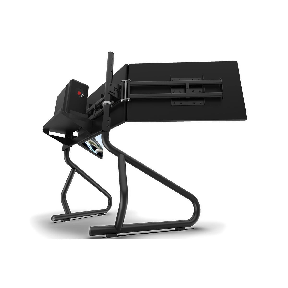 Trak Racer PC and control box shelf mounted on a monitor stand, close side view with screen attached