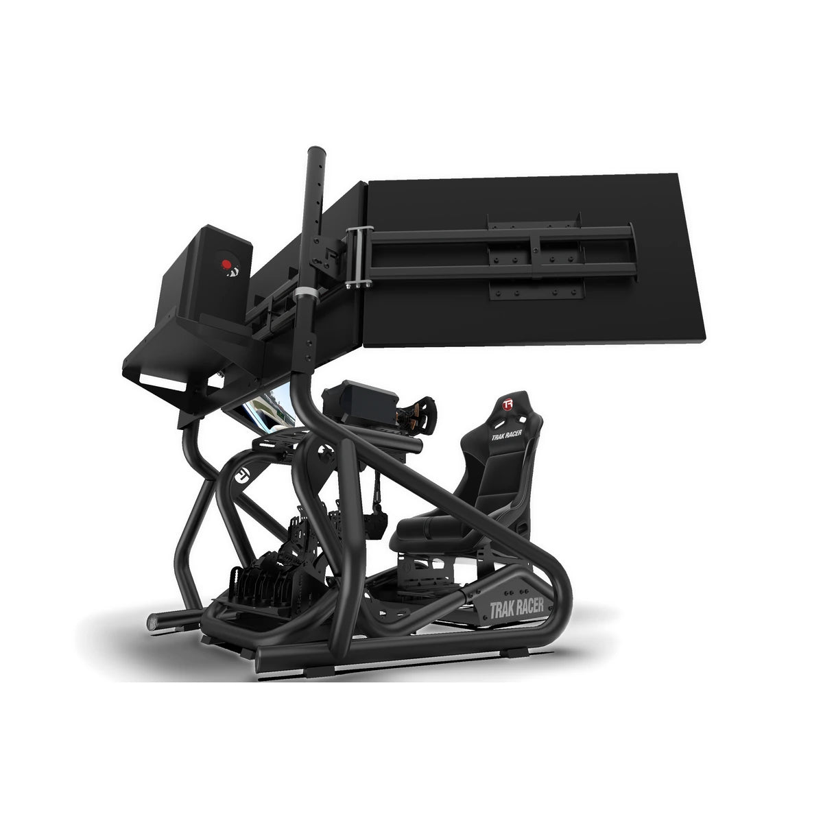 Trak Racer PC and control box shelf mounted on a Trak Racer cockpit rig, front three-quarter view