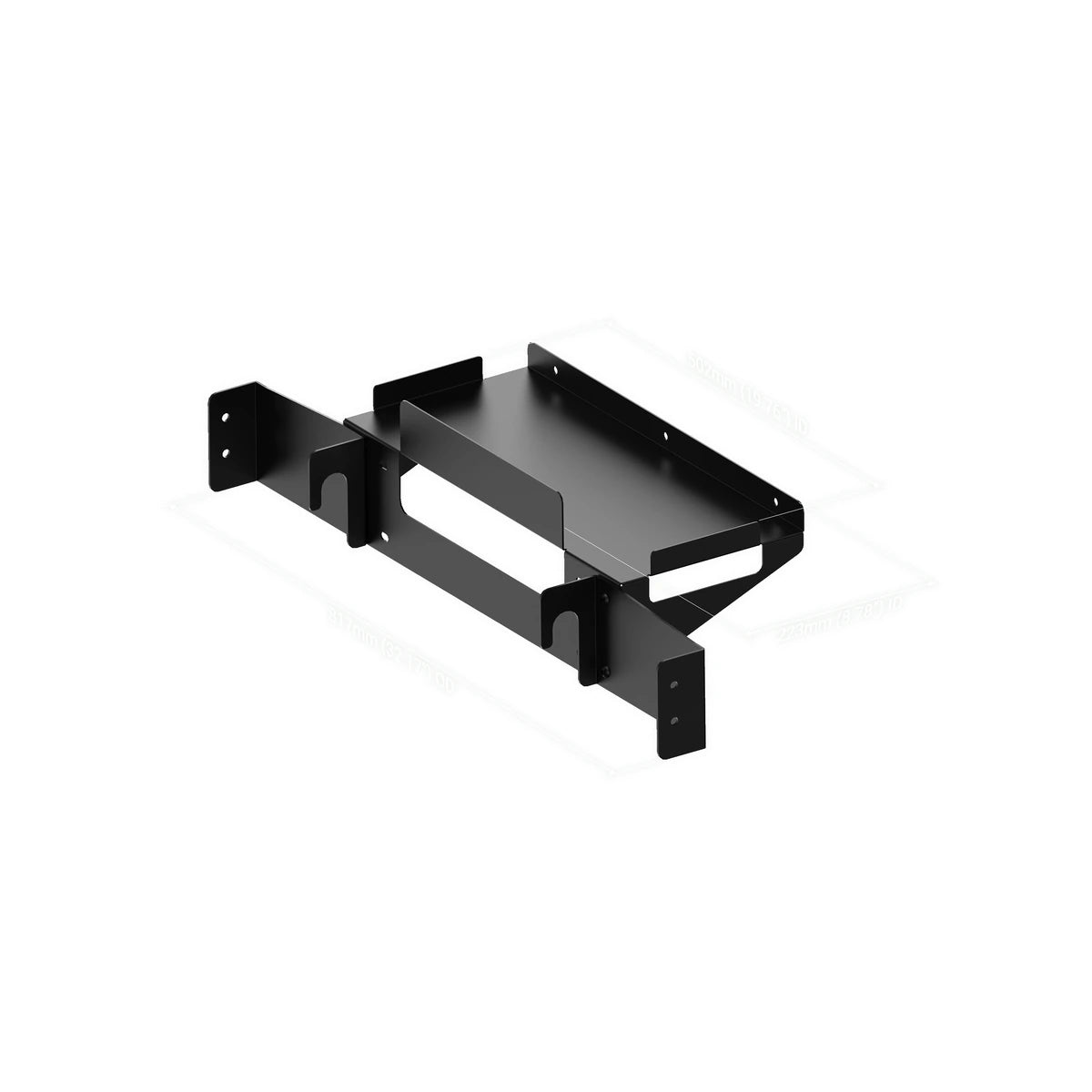 Trak Racer PC and control box shelf, standalone isometric view with dimension guides