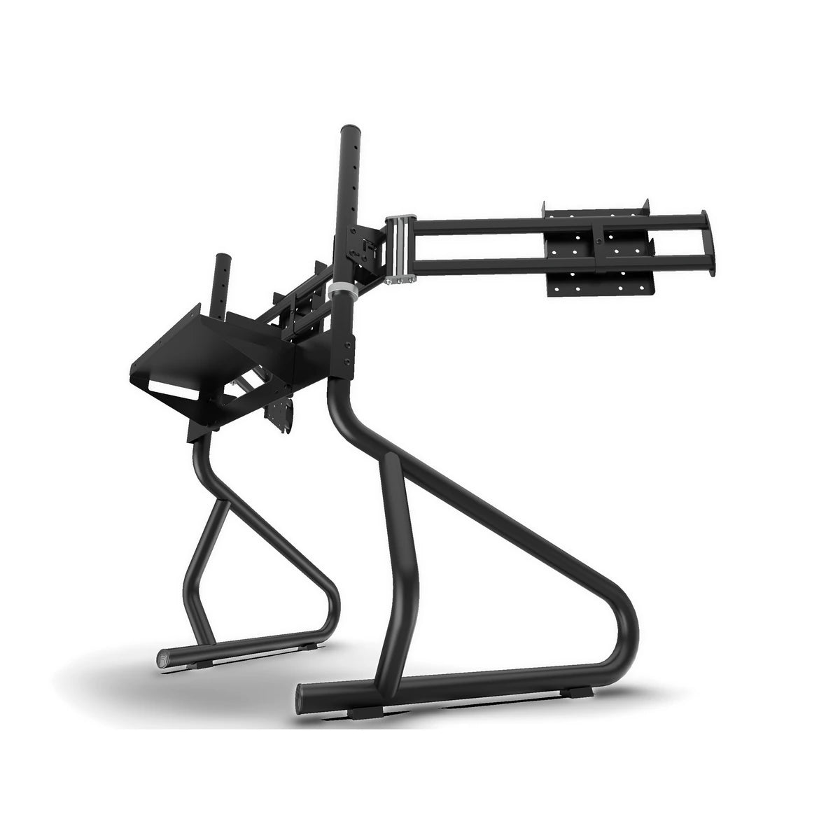 Trak Racer PC and control box shelf mounted on a Trak Racer TR8 integrated monitor stand, side view