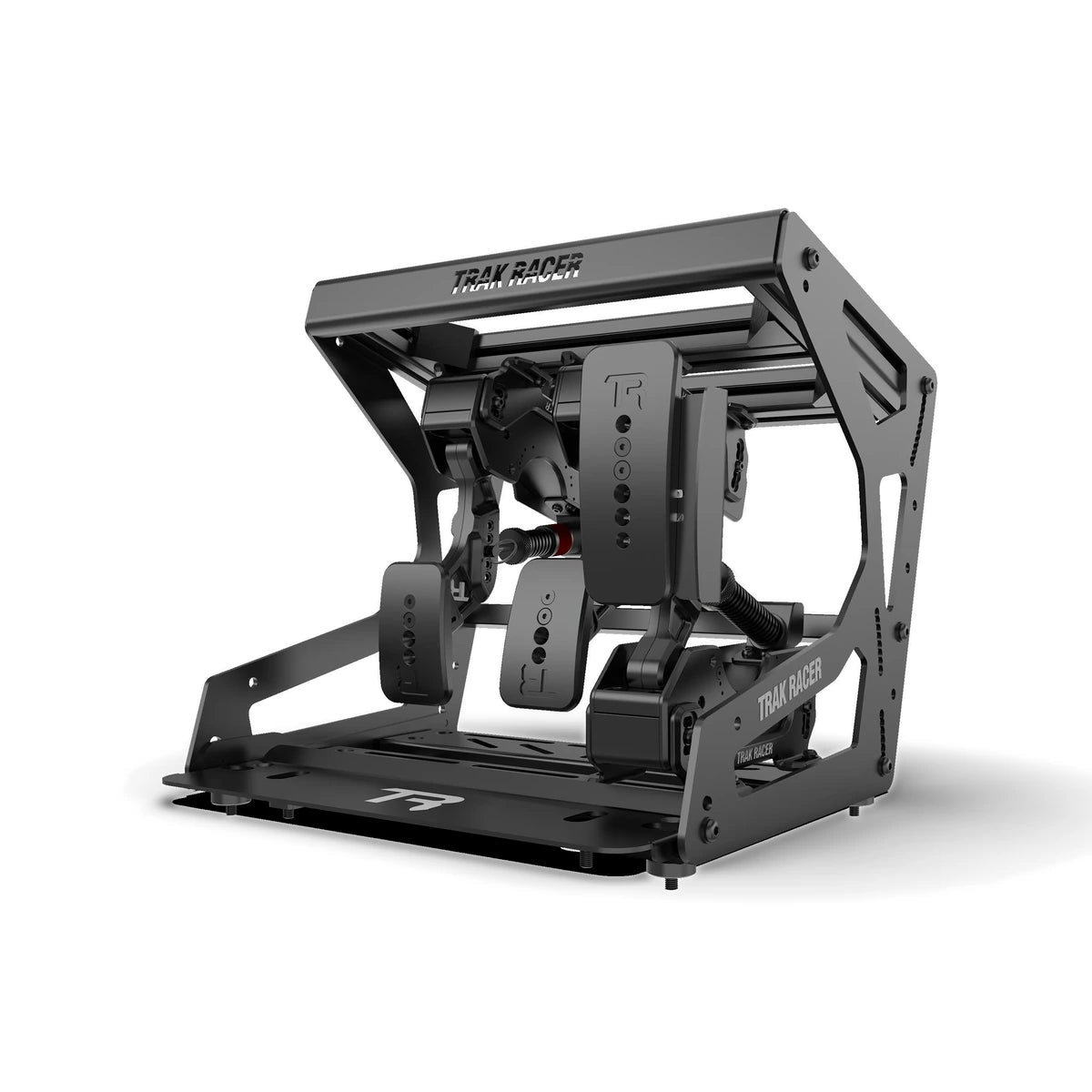Trak Racer Pro inverted pedal mount system, three-quarter view with black pedals fitted in inverted position