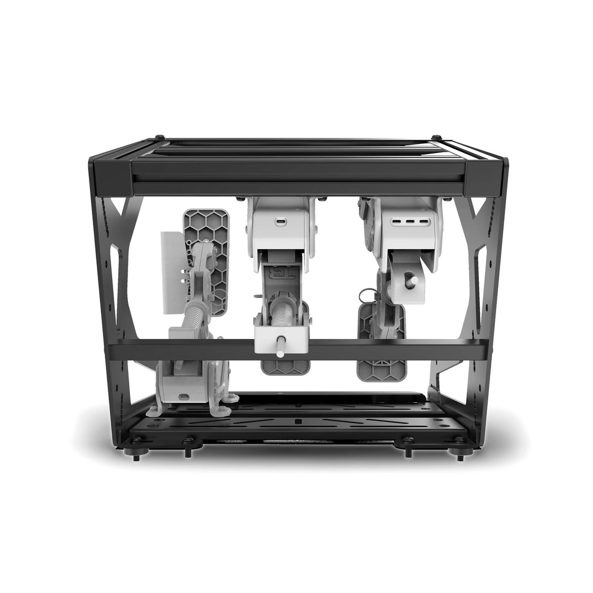 Trak Racer Pro inverted pedal mount, rear view — white pedals inverted with pedal faces and springs visible