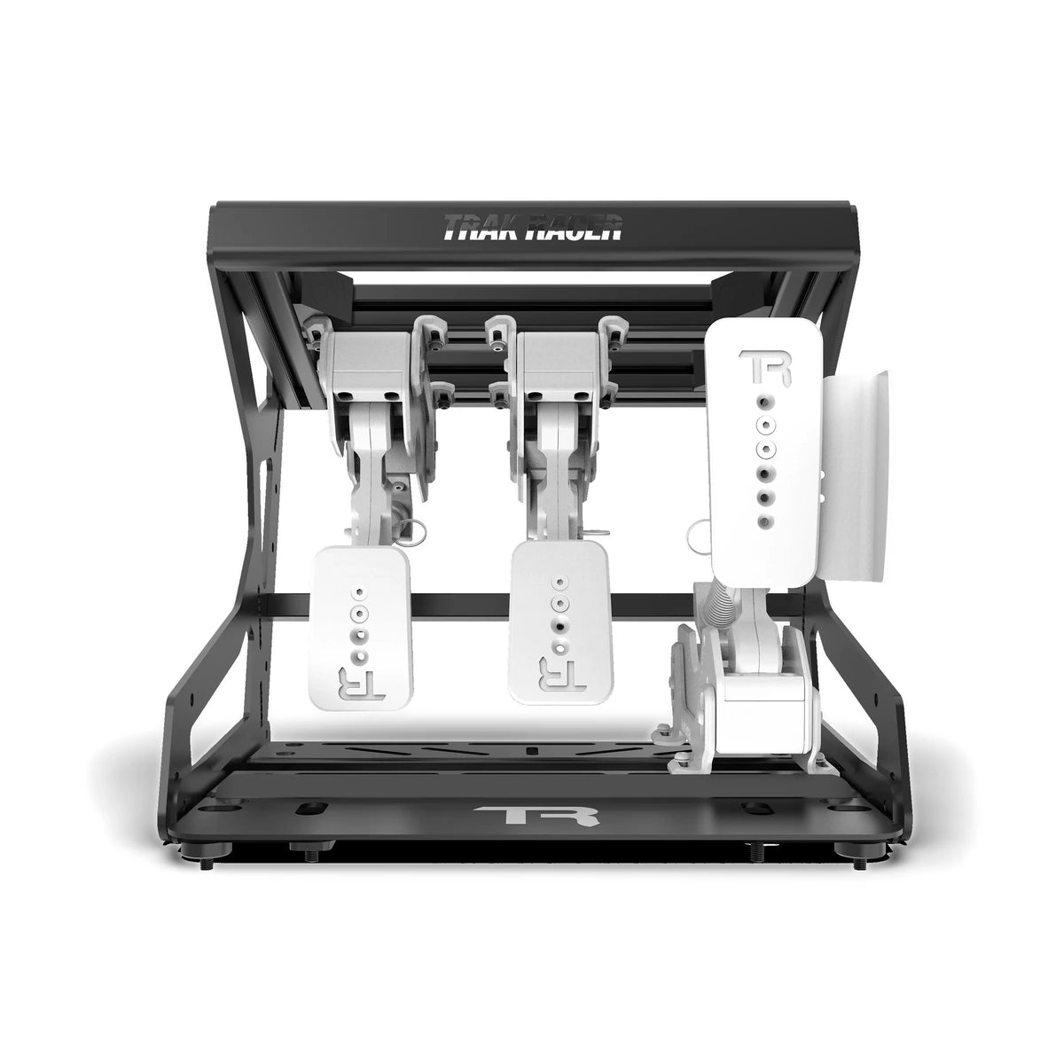 Trak Racer Pro inverted pedal mount, front view — three white pedals suspended in the inverted frame
