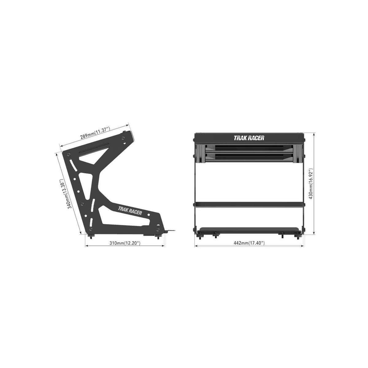 Trak Racer Pro inverted pedal mount, dimensioned drawing — 442mm wide, 430mm tall, 310mm deep side profile