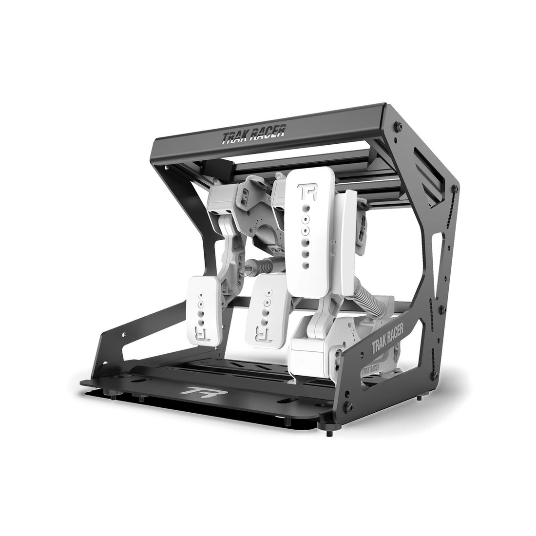 Trak Racer Pro inverted pedal mount system, three-quarter view — black frame with white pedals suspended inverted