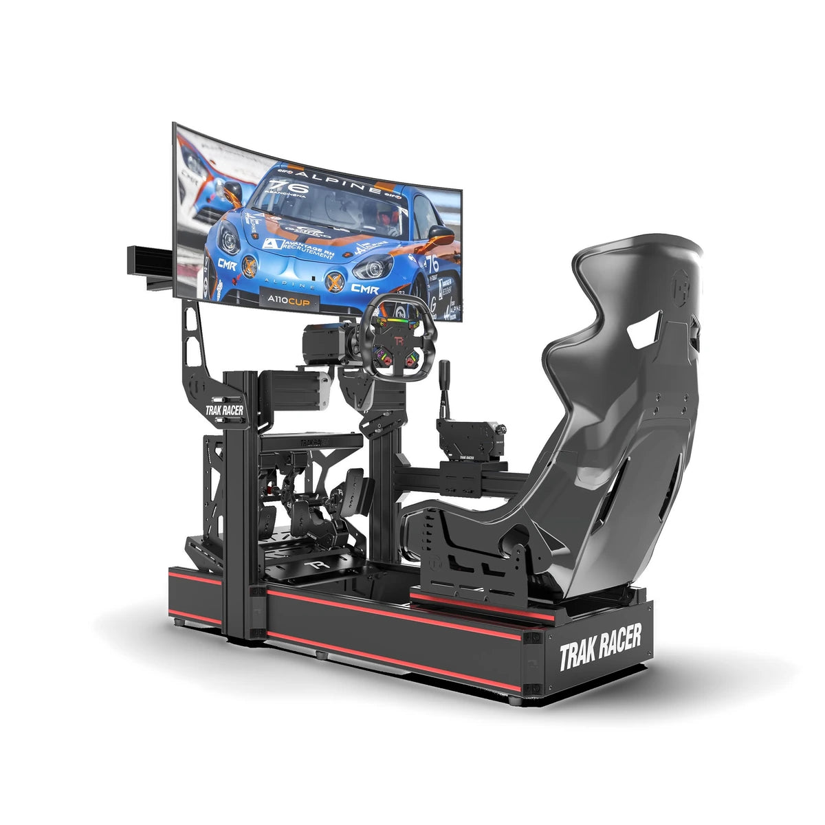 Trak Racer Pro inverted pedal mount in a Trak Racer cockpit rig, front three-quarter with wheel, seat and monitor