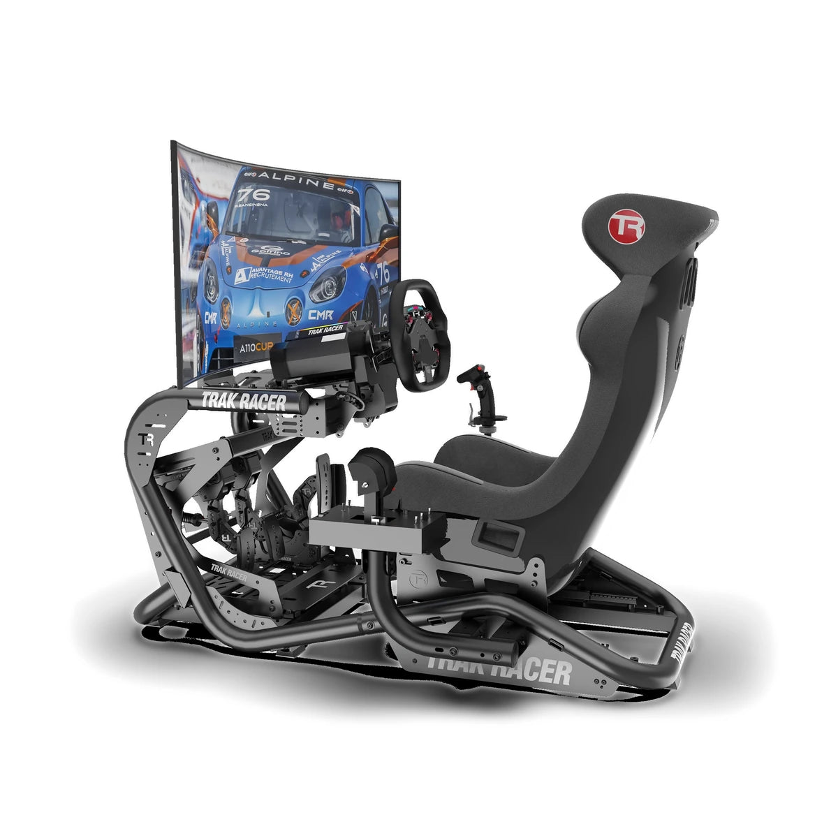 Trak Racer Pro inverted pedal mount in a race and flight cockpit with seat, wheel, joystick and monitor