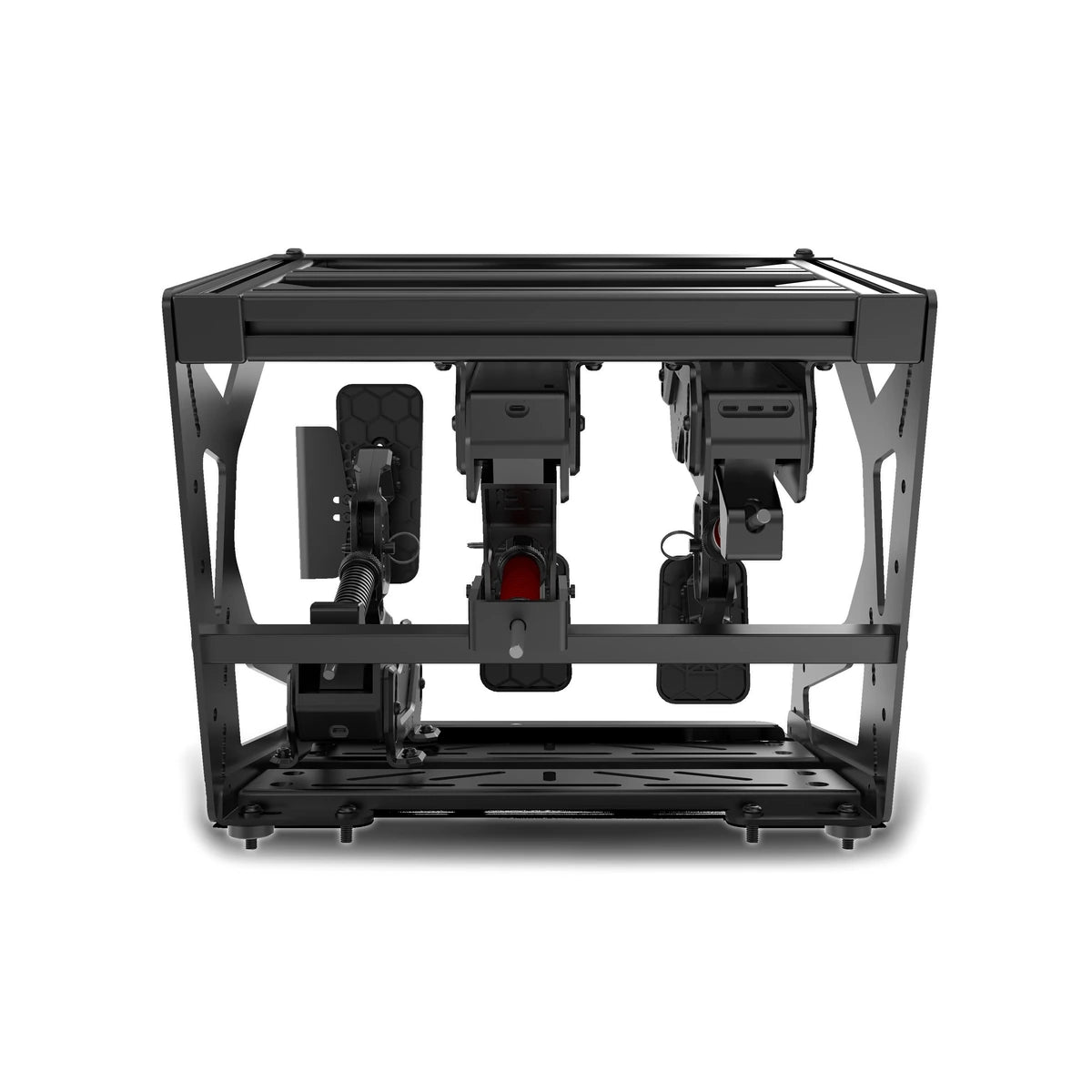 Trak Racer Pro inverted pedal mount, rear view — black pedals inverted showing load-cell brake spring and mechanisms