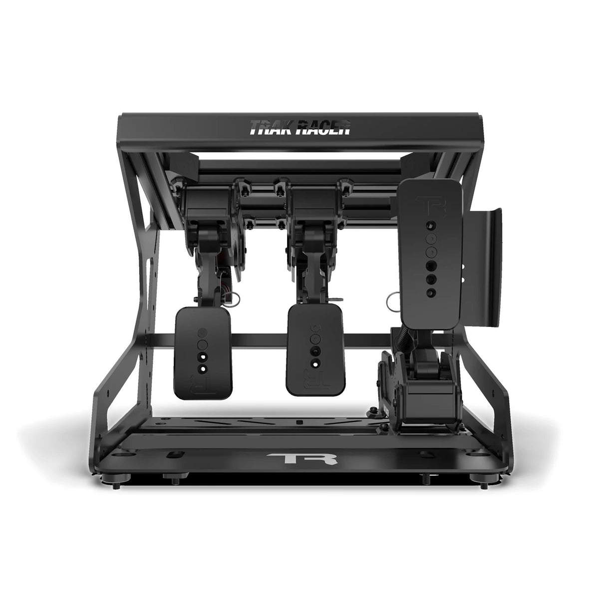 Trak Racer Pro inverted pedal mount, front view — three black pedals suspended in the inverted frame