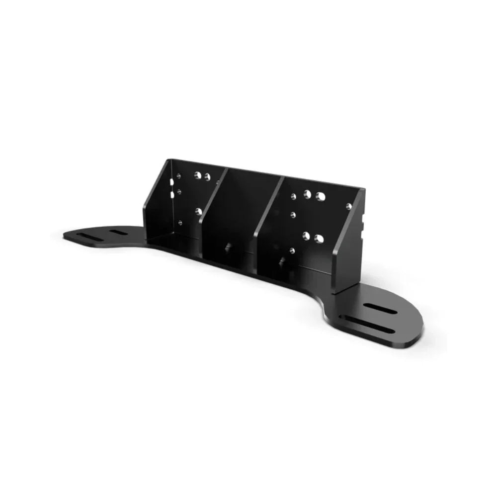 Qubic System QS-BT1 belt tensioner mount, three-quarter view — bolt-hole mounting plate and slotted feet