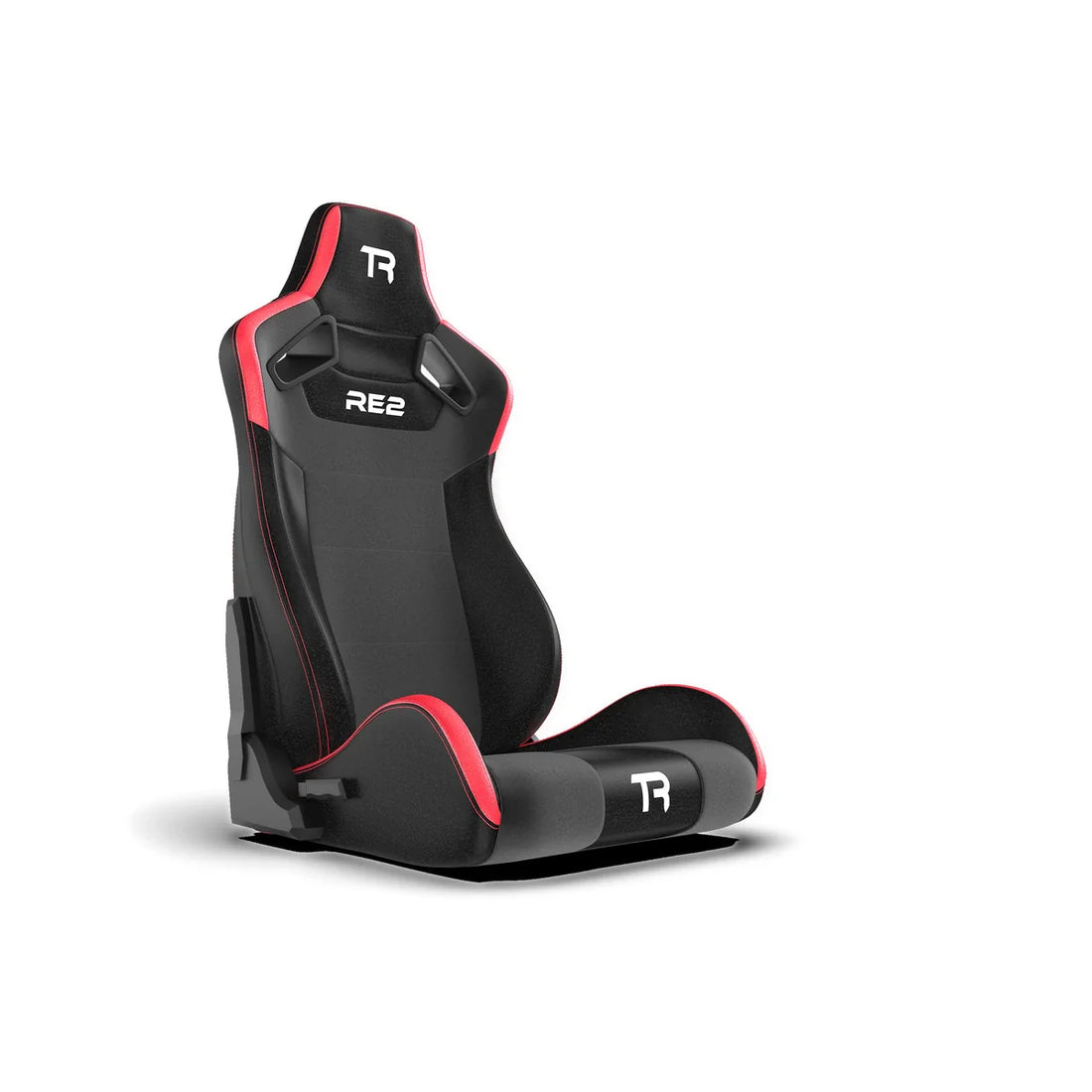 Trak Racer RE2 recliner sim racing seat in black and red leather/Alcantara, front three-quarter view
