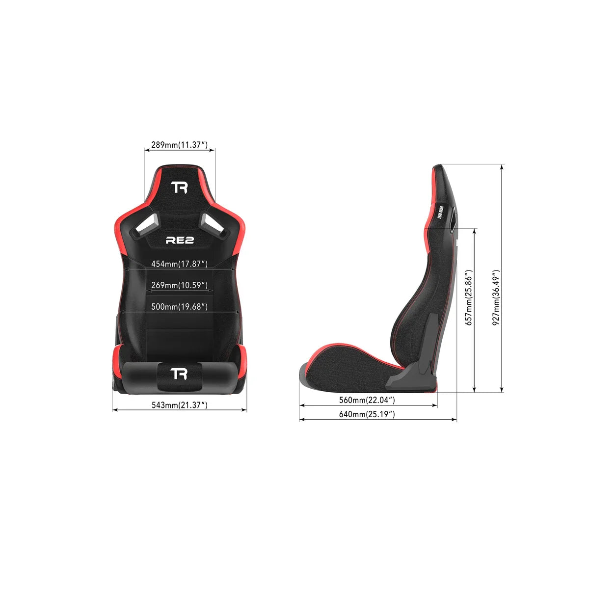 Trak Racer RE2 recliner seat dimensions diagram