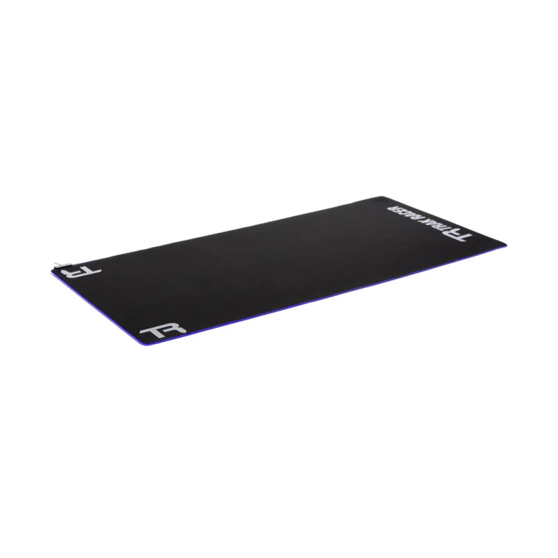 Trak Racer Premium Sim Rig Floor Mat With RGB Light, laid flat with the LED edge glowing blue and Trak Racer logos