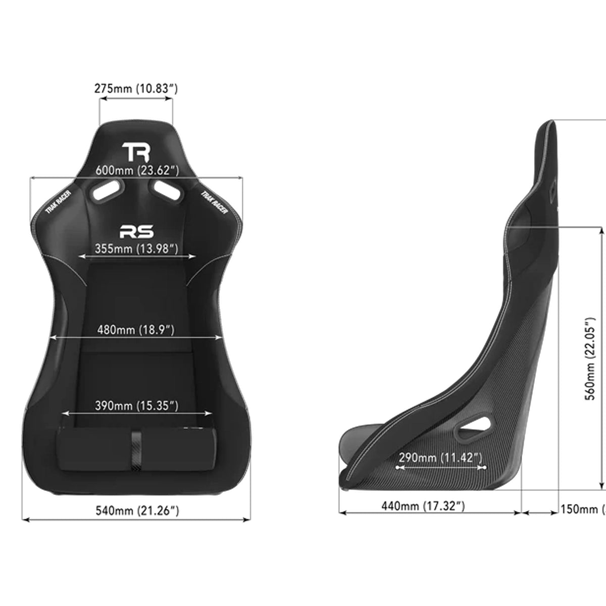Trak Racer RS GT Rally-Pro Racing Seat — Carbon Fiber Finish dimensions