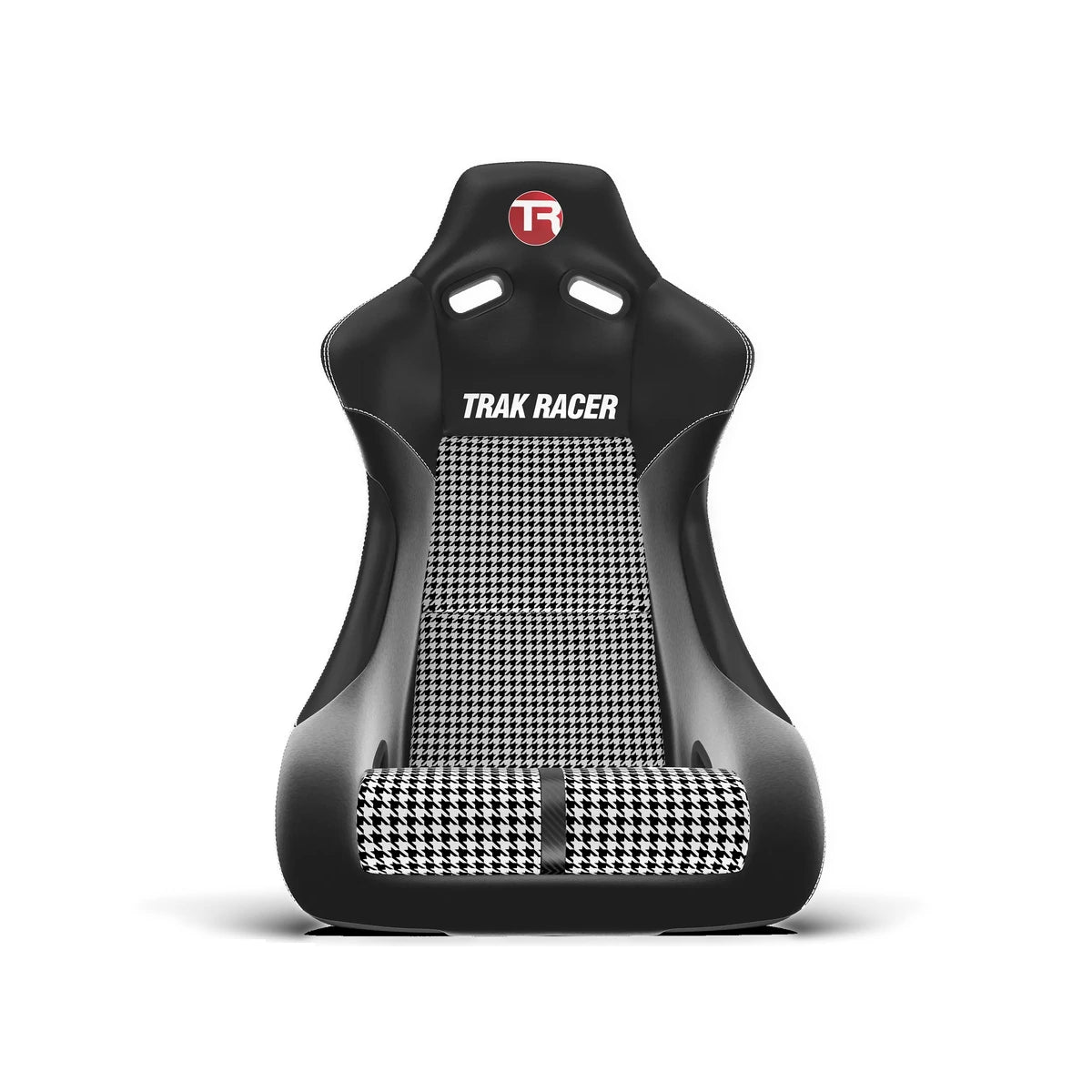 Trak Racer RS Rally Pro houndstooth cushions fitted to the black fibreglass bucket seat, front view