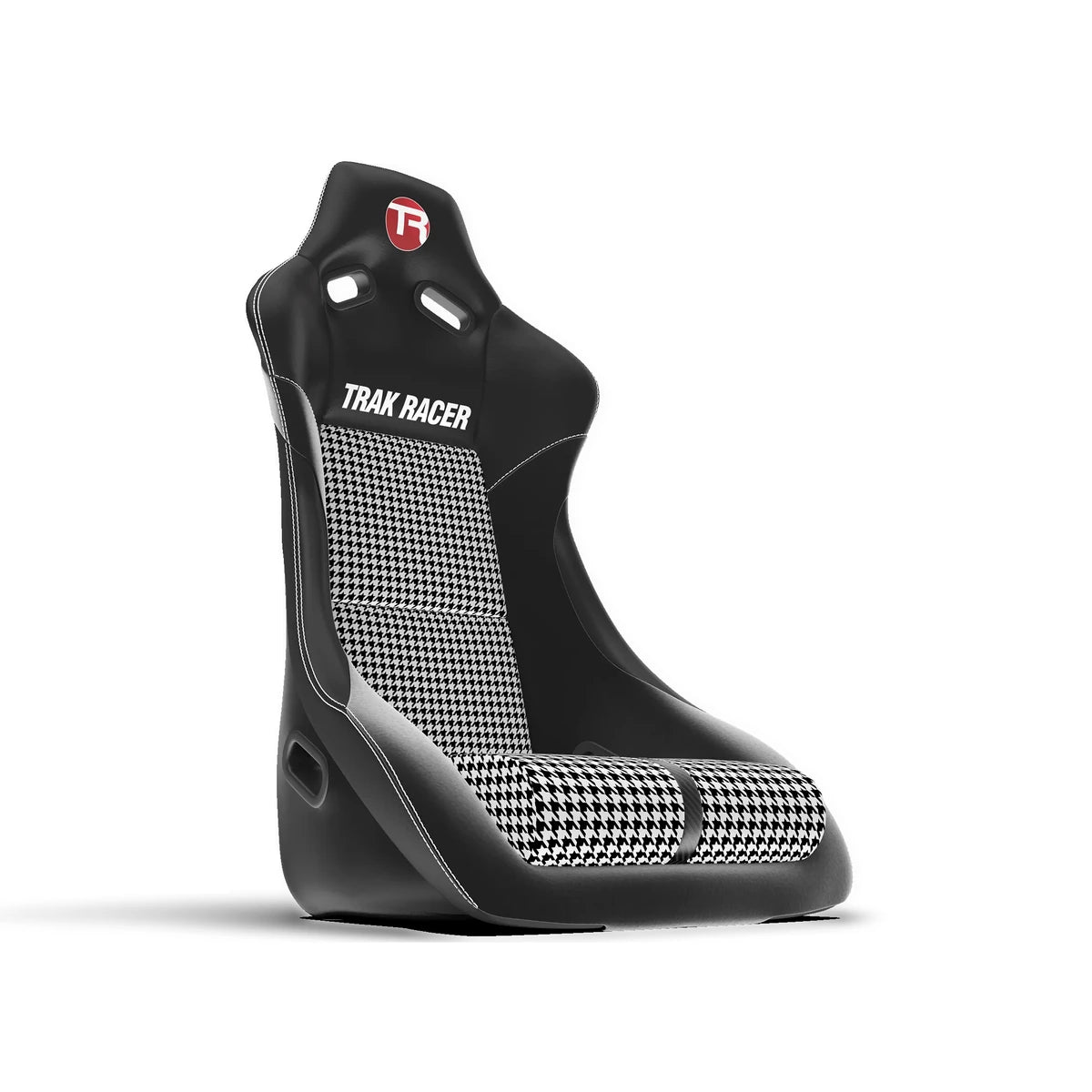 Trak Racer RS Rally Pro houndstooth cushions installed in the bucket seat, three-quarter side view