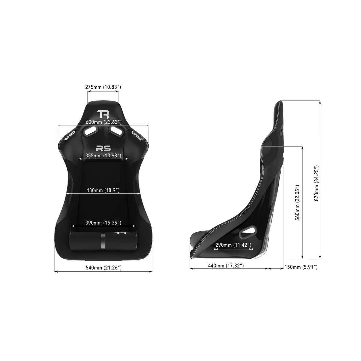 Trak Racer RS Rally Pro racing seat dimensions diagram