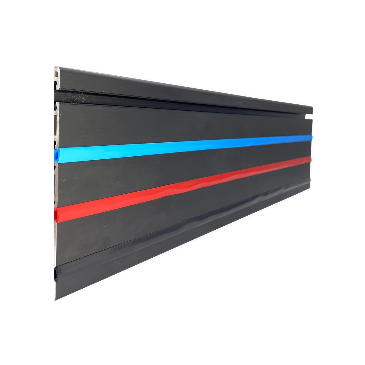 Trak Racer rubber dust strips fitted in an aluminium profile T-slot, blue and red channels shown