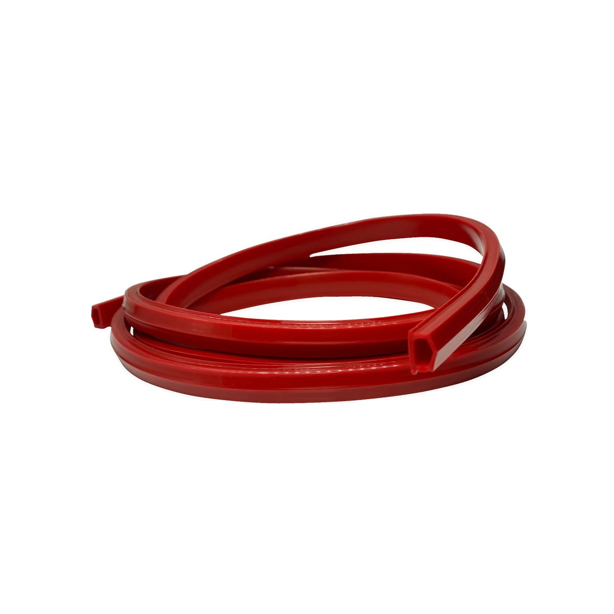Trak Racer rubber dust strip, red, coiled, close-up of T-slot profile shape