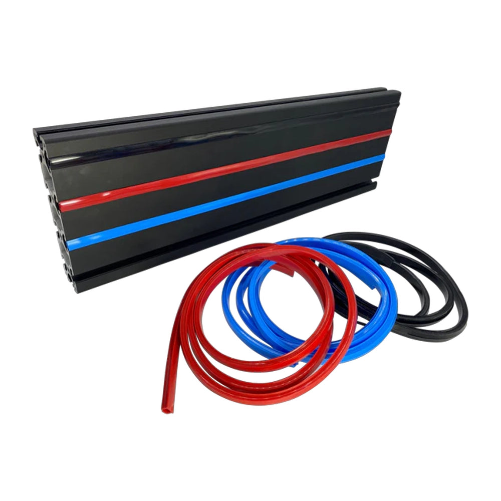 Trak Racer Rubber Strips fitted to aluminium profiles in red and blue, with coiled red, blue and black strips alongside
