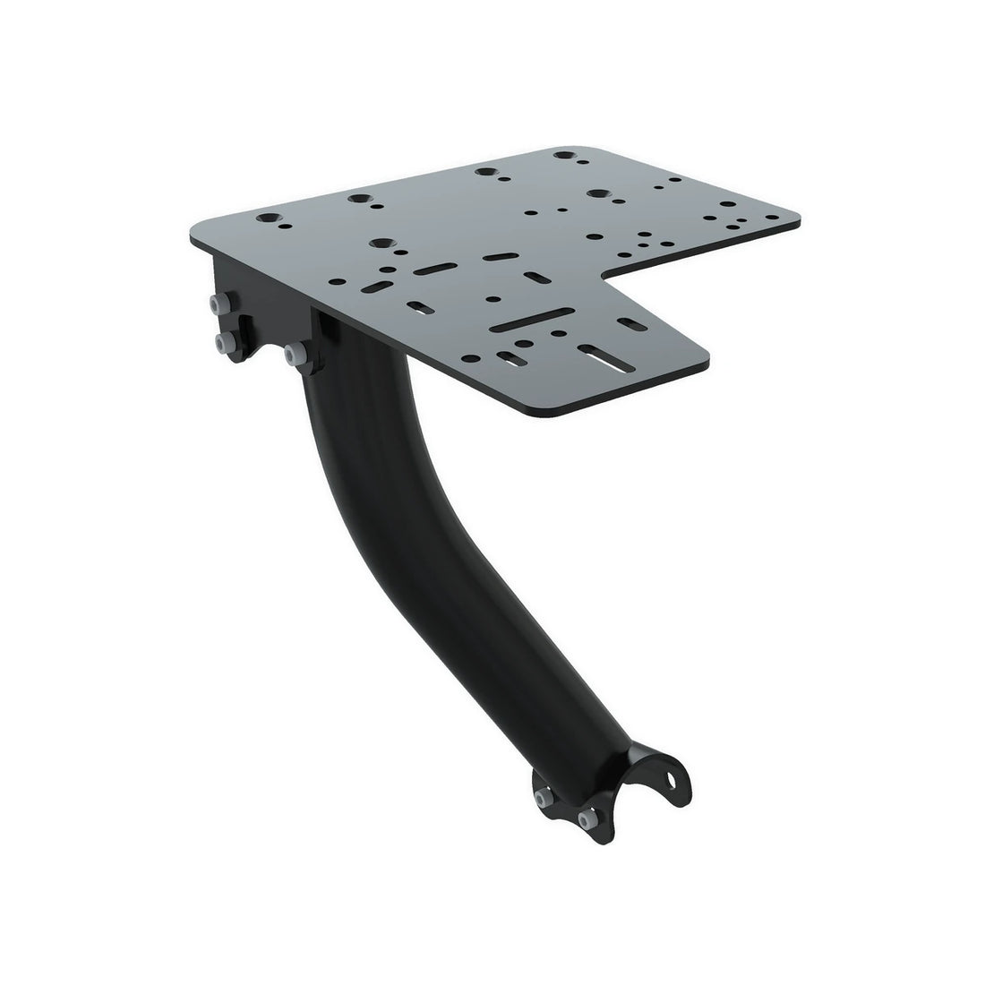 Trak Racer shifter & handbrake side mount kit, mounting plate and arm, front three-quarter view