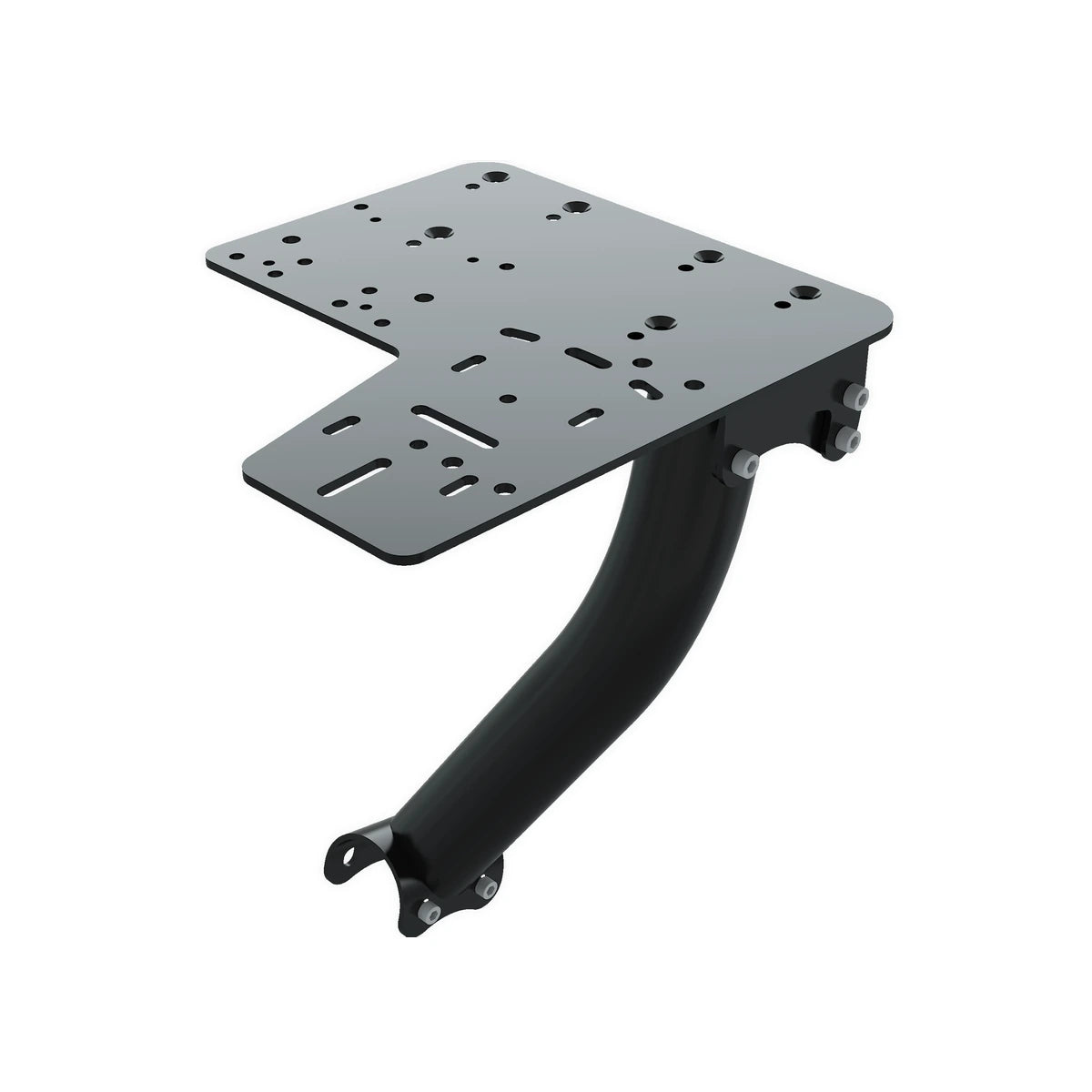 Trak Racer shifter & handbrake side mount kit, mounting plate and arm, rear three-quarter view