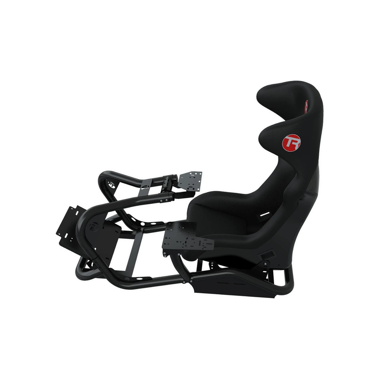 Trak Racer shifter & handbrake side mount kit fitted to a cockpit rig, side profile, plates unpopulated