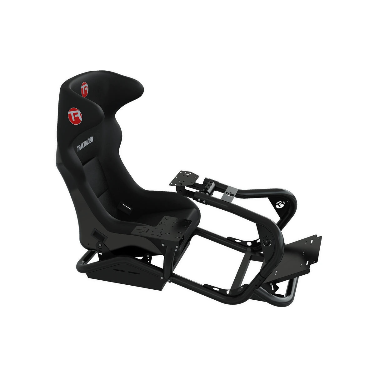Trak Racer shifter & handbrake side mount kit fitted to a cockpit rig, front three-quarter view, plates unpopulated