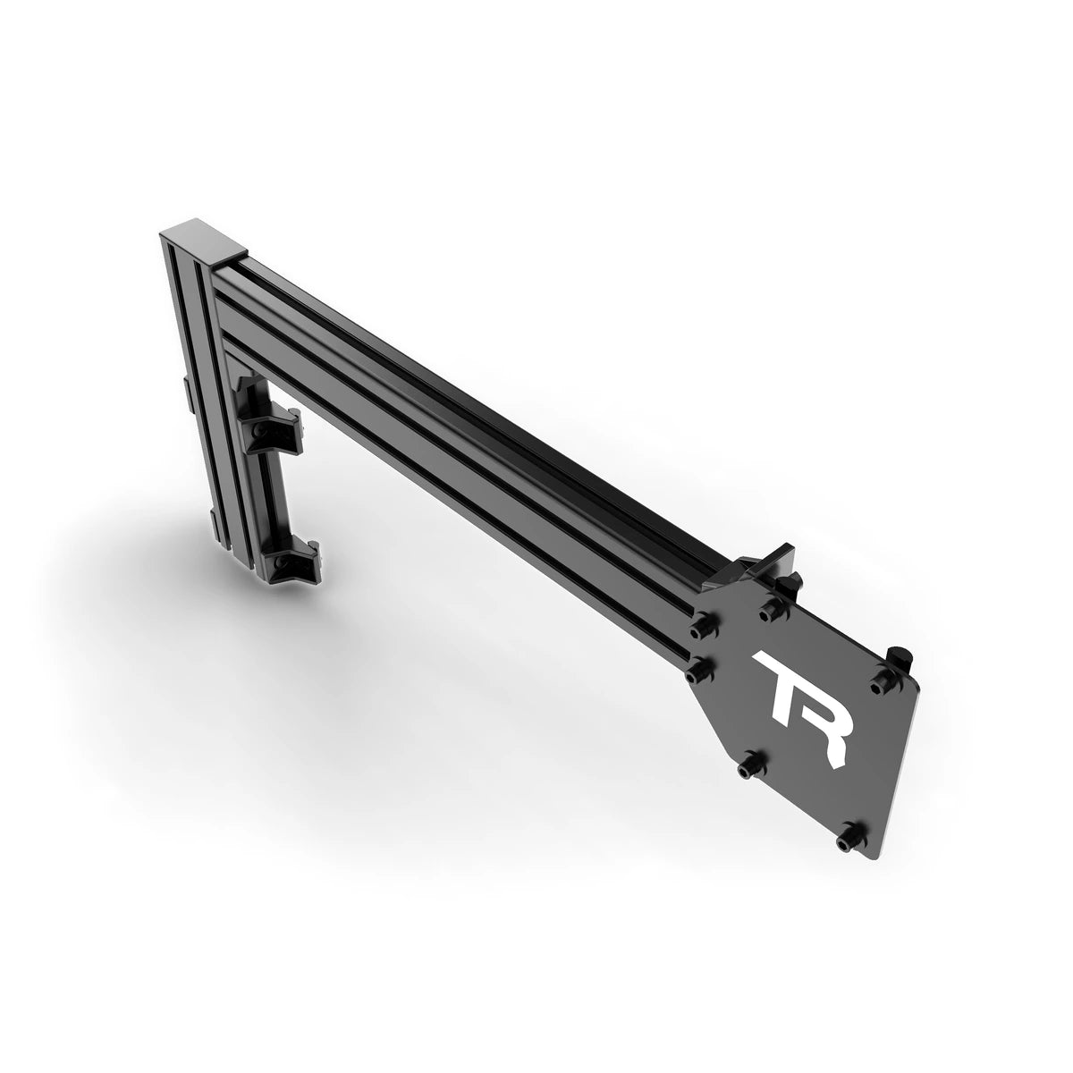 Trak Racer side chassis support, three-quarter view of the aluminium support arm and TR mounting plate