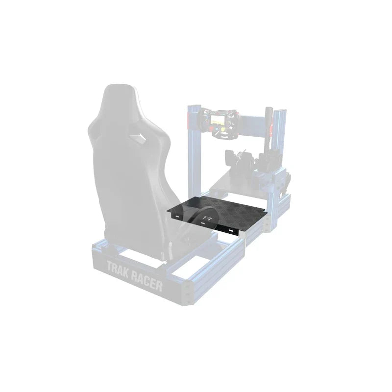 Trak Racer Sim Floor checker-plate panel installed in a ghosted full rig shown with greyed seat, wheel and pedals for reference