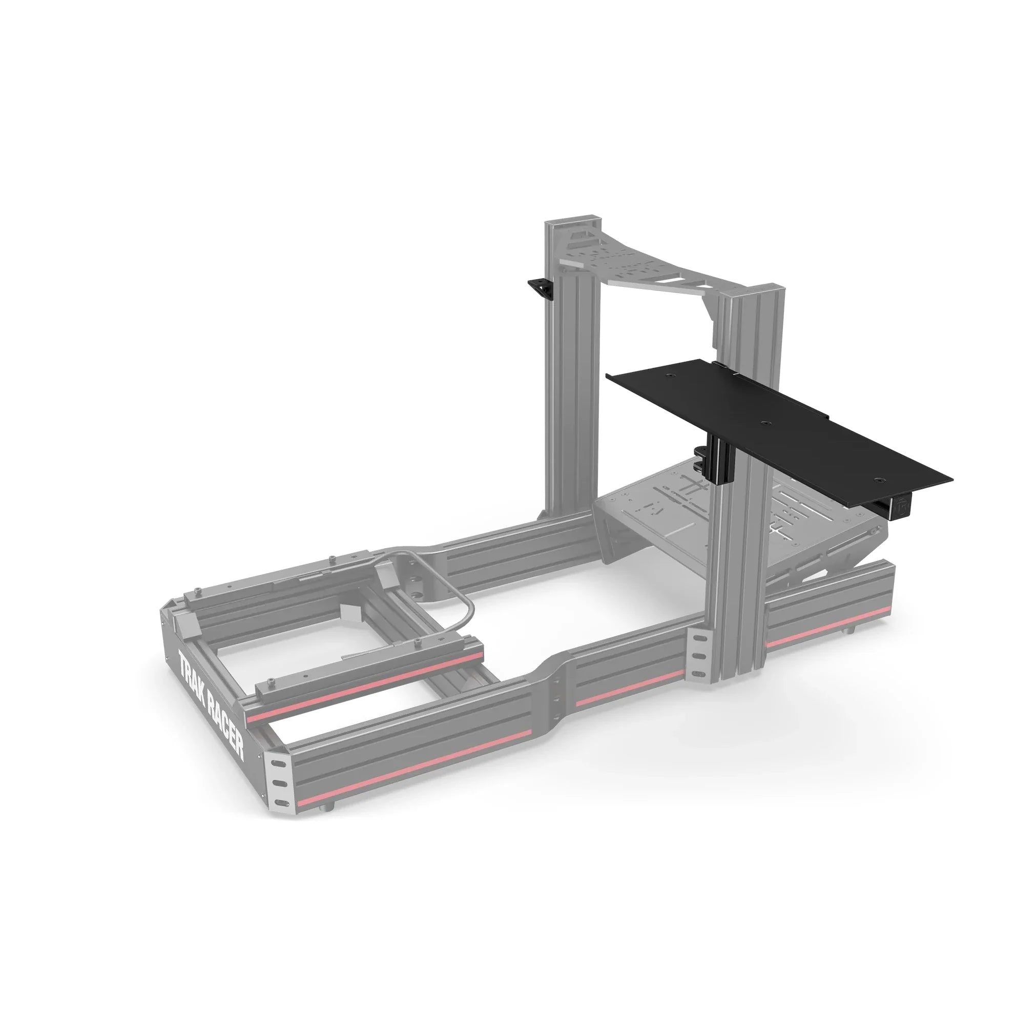 TR8020 620mm Table Top/Desk with Swivel Mount fitted lower on the upright of a ghosted Trak Racer aluminium-profile rig