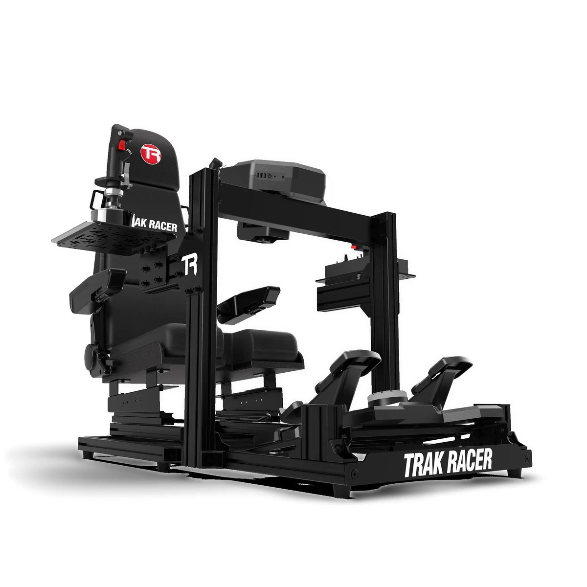 Trak Racer TR40S flight cockpit with reclining flight seat, HOTAS side mounts and monitor arm, front three-quarter view